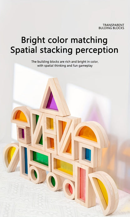 Building Block Set Translucent Acrylic Geometric Shapes with Colorful Triangle, Circle, Arch and Window Pieces