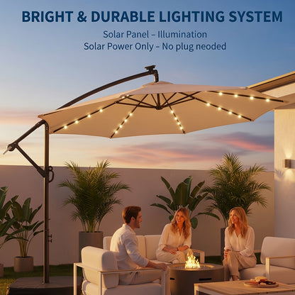 Patio Umbrella 10FT Offset Cantilever Solar LED Style with Tilt, Crank and 16 Base-Choice Color Options