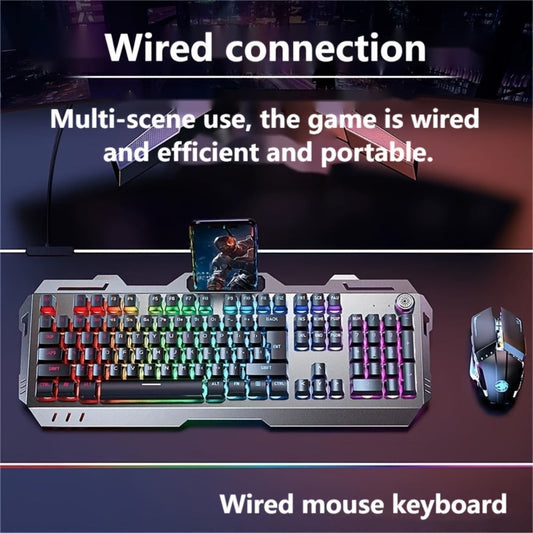 Gaming Keyboard Wired 104 Keys Full Metal Panel – LED Color Backlight, Multimedia Knob, Faux Mechanical Feel, USB