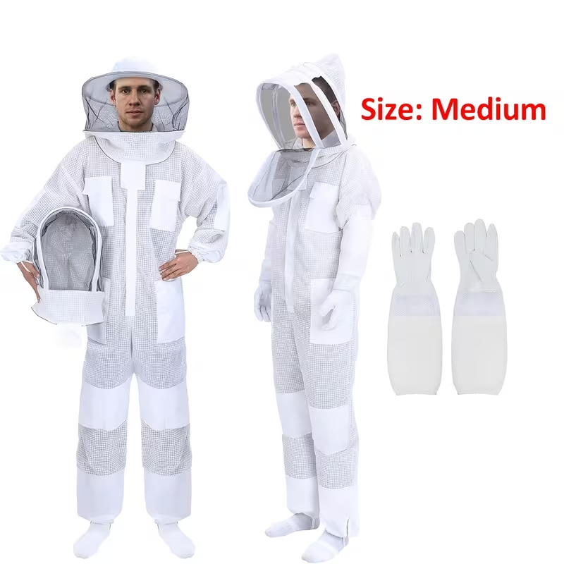 Beekeeping Suit Triple Layer Sting-Resistant Gloves 2 Veils S-3XL for Garden, Patio and Yard Use