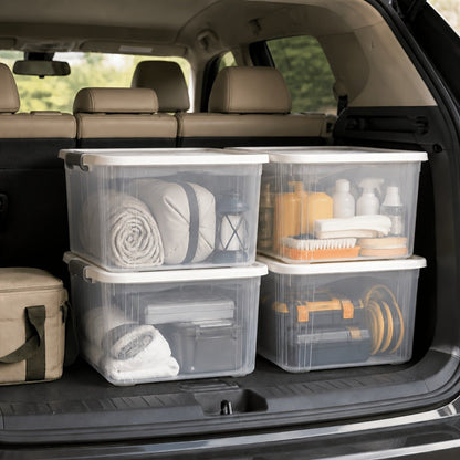Four-Pack 46-Quart Clear Storage Bins with Latching Lids, Side Handles and Stackable Shape