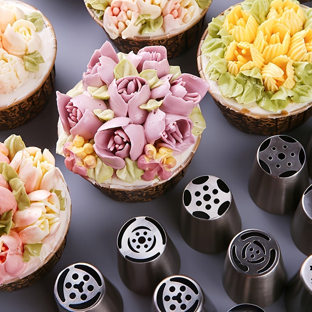 Russian Piping Nozzle Set 121pcs, 12 Flower Icing Tips, 2 Leaf Piping Tips, 2 Couplers and 100 Piping Bags