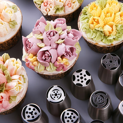 Russian Piping Nozzle Set 121pcs, 12 Flower Icing Tips, 2 Leaf Piping Tips, 2 Couplers and 100 Piping Bags
