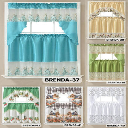 Kitchen Curtains 3 Piece Set Embroidered Satin Valance and Tiers – Rod Pocket Light Filtering Machine Washable 46 Colors