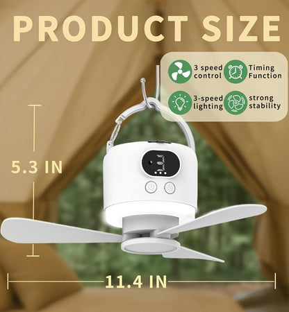10400mAh Hanging Camping Fan with Remote Control, Three Wind Speeds, LED Light and White or Green Color Options
