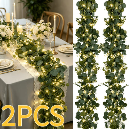 Lighted Eucalyptus Wreath Garland 6FT LED 2 Pack - Artificial Green Vine with Lights for Wedding Centerpiece