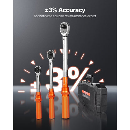 Click Torque Wrench Set 3-Piece – 1/4 3/8 1/2 Inch Drive, Dual-Direction 72-Tooth Reversible Ratchet, ±3% Accuracy with Calibration