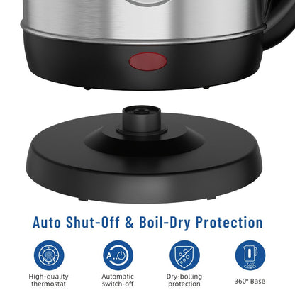 Electric Kettle 1200W Fast Boiling 1.8L Stainless Steel BPA-Free Auto Shut-Off Boil-Dry Protection 360 Swivel Base for Coffee Tea Kitchen