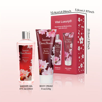 Cherry Blossom Body Wash Set for Women 8oz – Moisturizing Body Cream & Shower Gel Gift Set Light Non-Sticky Long-Lasting Floral Scent