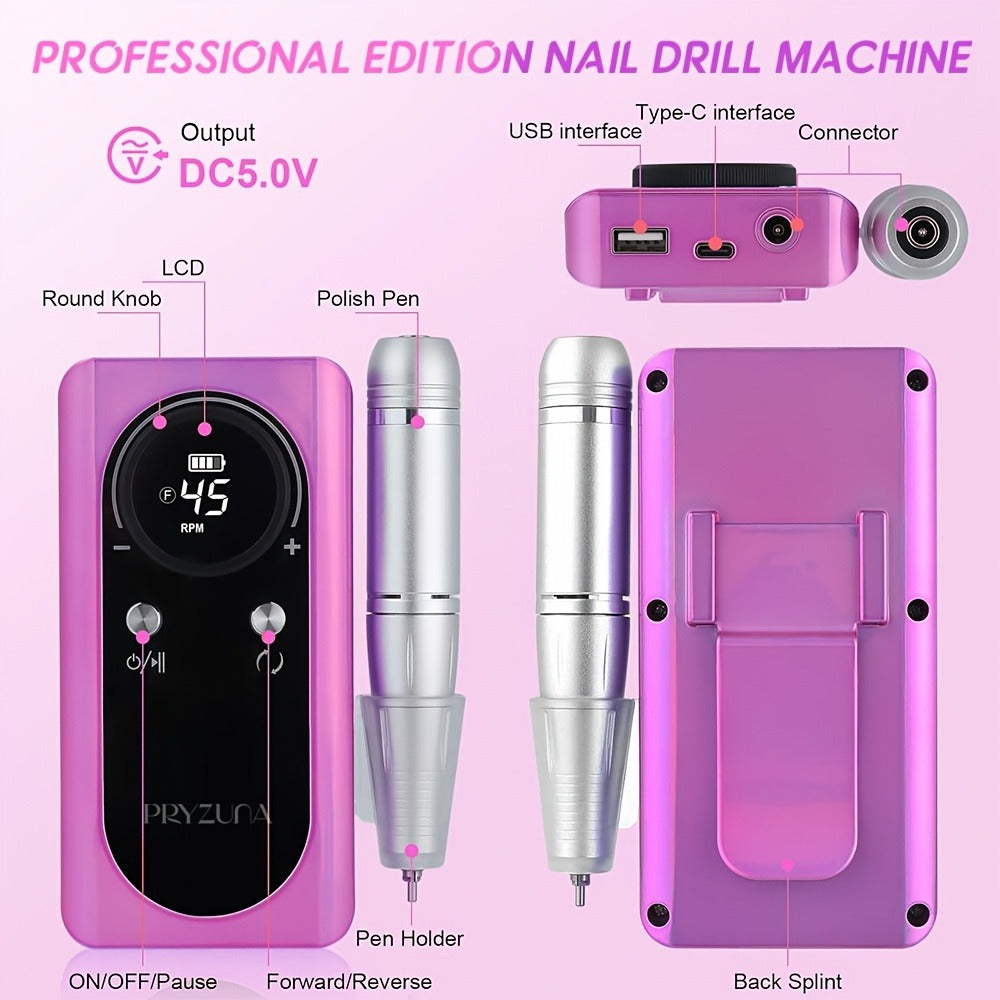Electric Nail Drill 45000 RPM Brushless Kit with LCD Screen, 6 Bits, 6 Sanding Bands and Belt Clip