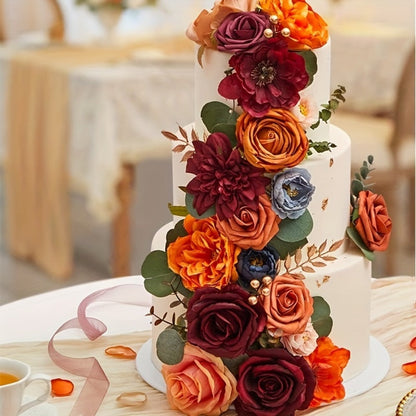 Artificial Flowers Foam Rose Bouquet with Orange, Wine Red and Blue Blooms plus Flexible Metal Stem