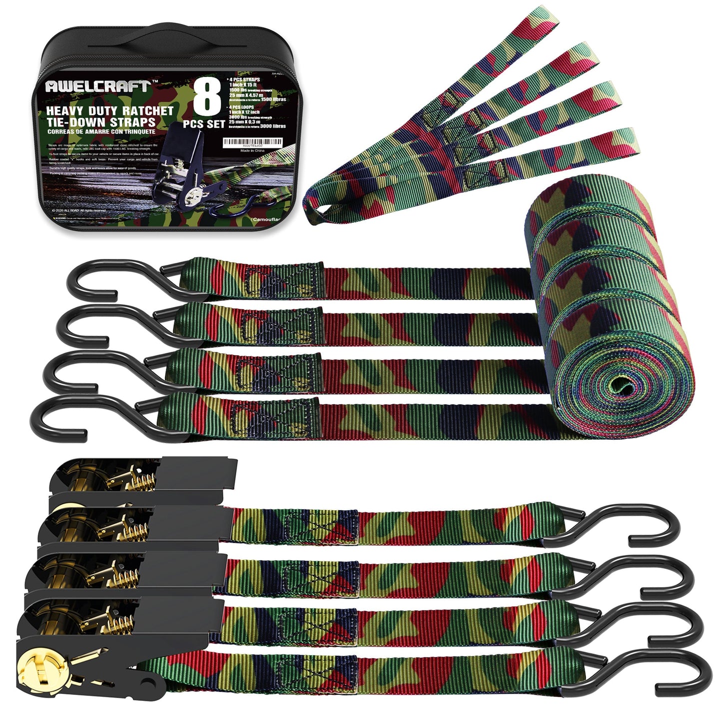 Ratchet Tie Down Straps 4-Pack 15FT 1, 500 lb Break Strength Heavy Duty with Soft Loops & Storage Bag – High-Visibility Webbing