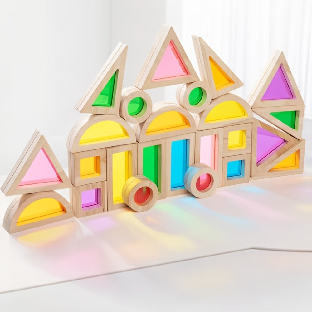 Building Block Set Translucent Acrylic Geometric Shapes with Colorful Triangle, Circle, Arch and Window Pieces