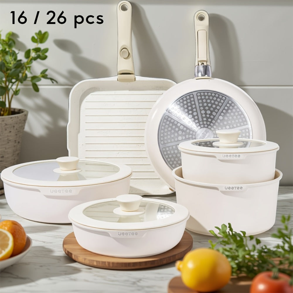 Cookware Set A Dinnerware 16- or 26-Piece Detachable-Handle Pots and Pans in Black or Beige for Compact Storage