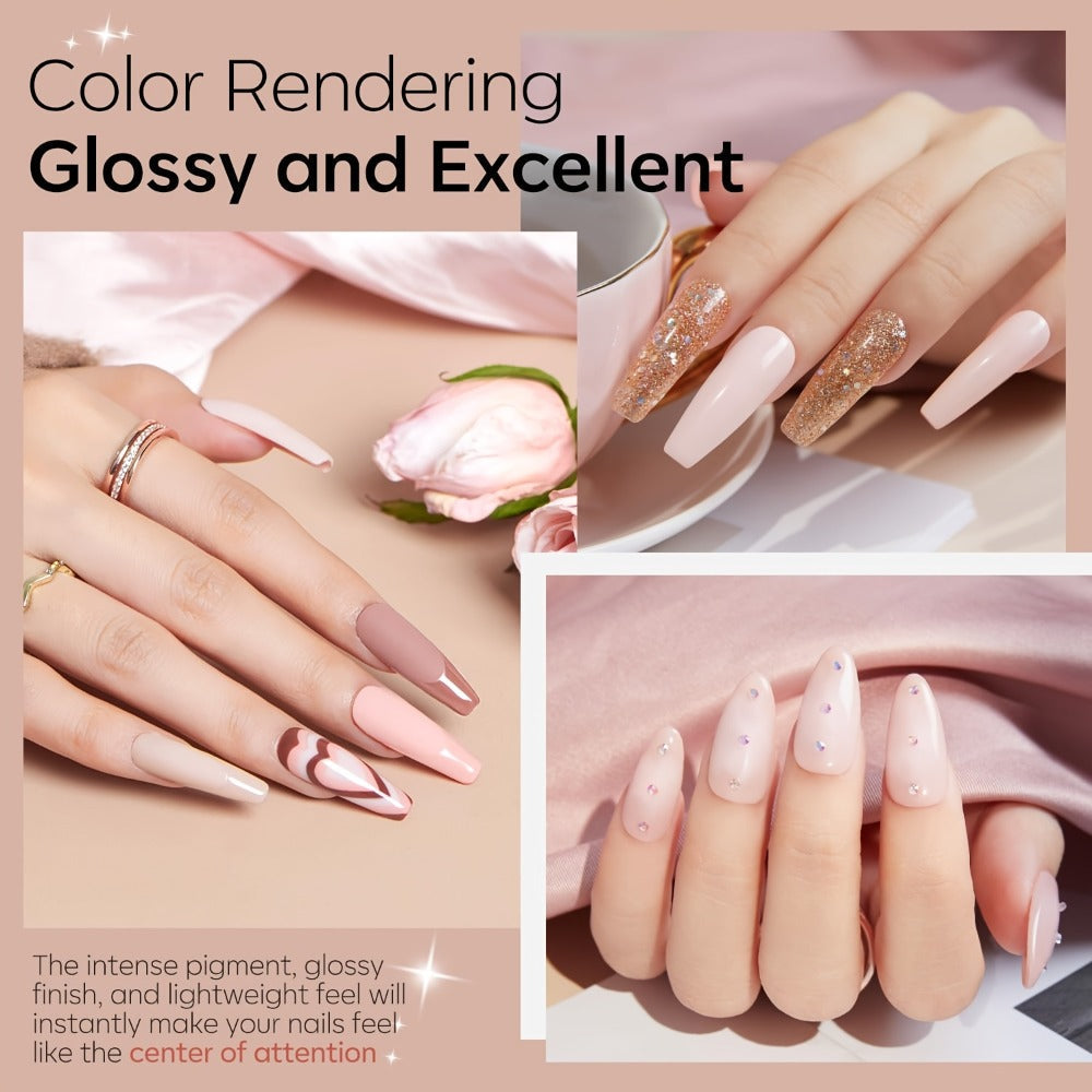 Dip Powder Nail Kit with YANYILIKE Label, Four Nude Gold Glitter Powders, Three 10ml Liquids and Four Tools