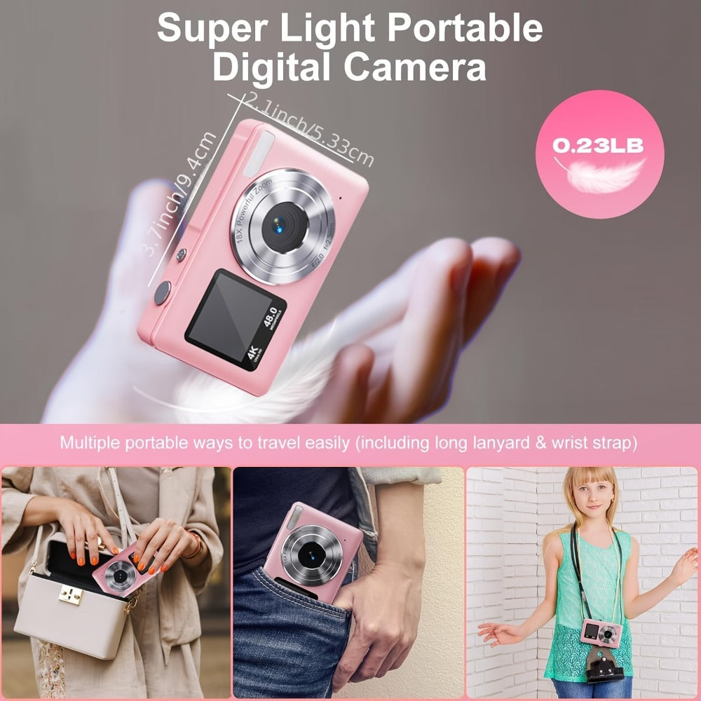 4K Dual Screen Digital Camera 18X Zoom Vlogging Camera with Anti-Shake 64GB Card & 2 Batteries