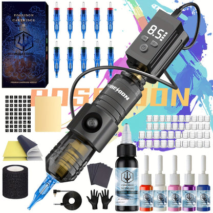 Tattoo Machine Kit POSEIDON BT17-XH Wireless Pen with 1200mAh Battery, LCD, 10 Cartridges and 6 Inks