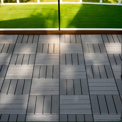 Gray 44-Piece Interlocking Deck Tile Set with 12-Inch Square Parallel-Slat Drainage Pattern