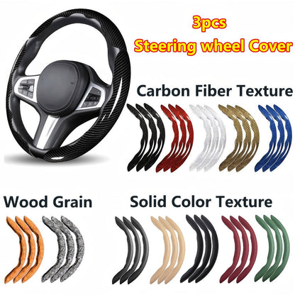 Carbon Fiber Steering Wheel Cover 3pcs – Anti-Skid Segmented Snap-On Protector, High-Grip ABS Resin, Universal Fit, Wood Grain Yellow