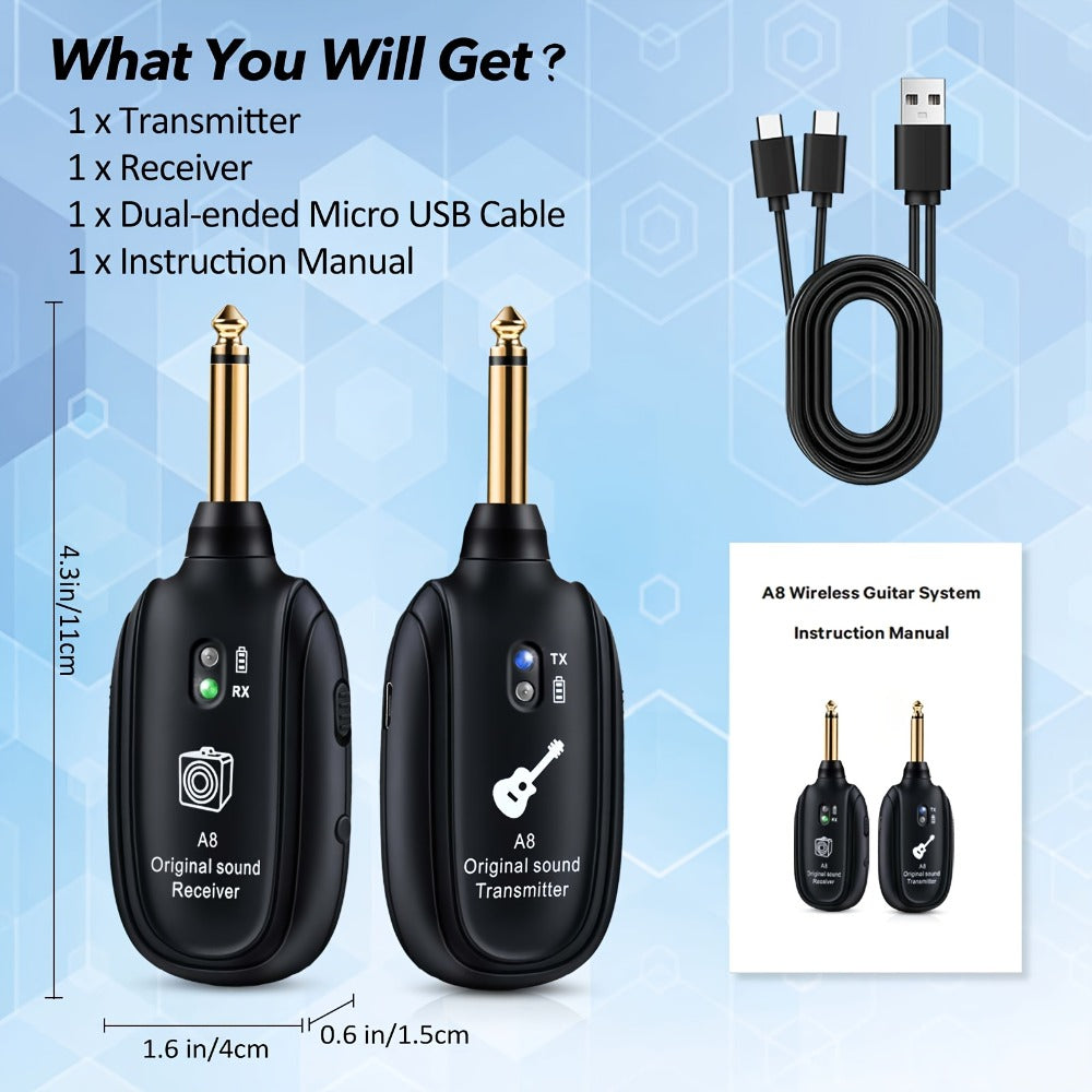 UHF Wireless Guitar System 100ft Range - Plug & Play, Noise-Free Transmission, 2 Transmitters & Receiver