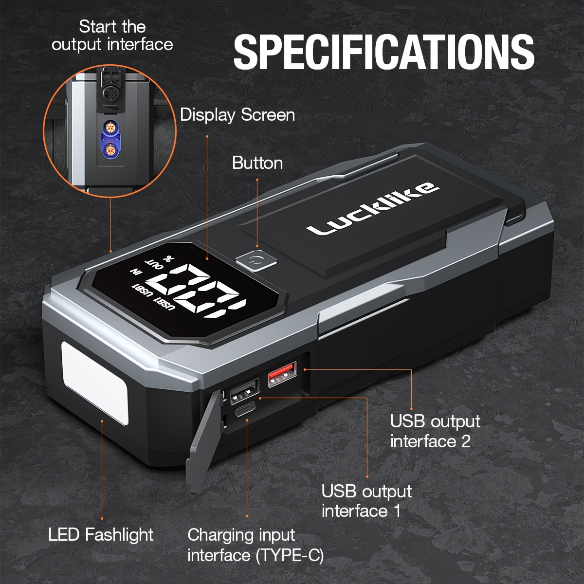 Battery Jump Starter 5000A 3000A Peak for Gas Diesel Engines QC3.0 18W Fast Charge USB-C Recharge for Garden, Patio and Yard Use