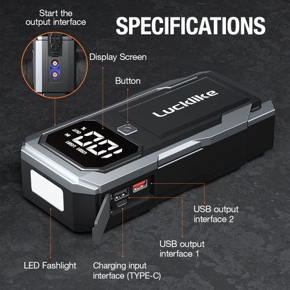Battery Jump Starter 5000A 3000A Peak for Gas Diesel Engines QC3.0 18W Fast Charge USB-C Recharge for Garden, Patio and Yard Use