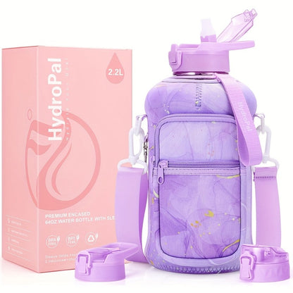 74oz Water Bottle Set with Two-Pocket Storage Sleeve, Phone Holder, Straw and Chug Lids, and Three Dark Prints