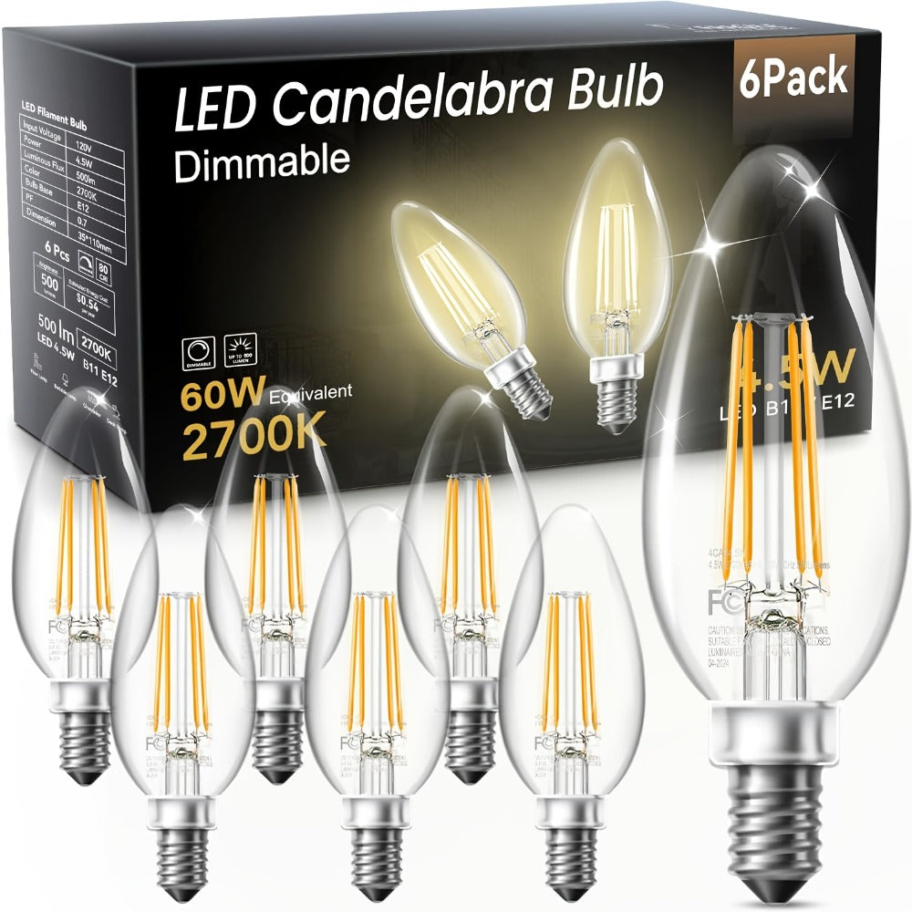 LED Candle Light Bulbs E12 Base B11 Dimmable 2700K White 500 Lumens Clear Glass Vintage for Home Cooking, Dining and Outdoor Meals