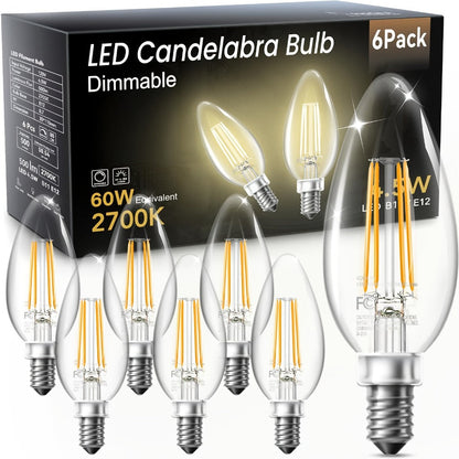 LED Candle Light Bulbs E12 Base B11 Dimmable 2700K White 500 Lumens Clear Glass Vintage for Home Cooking, Dining and Outdoor Meals
