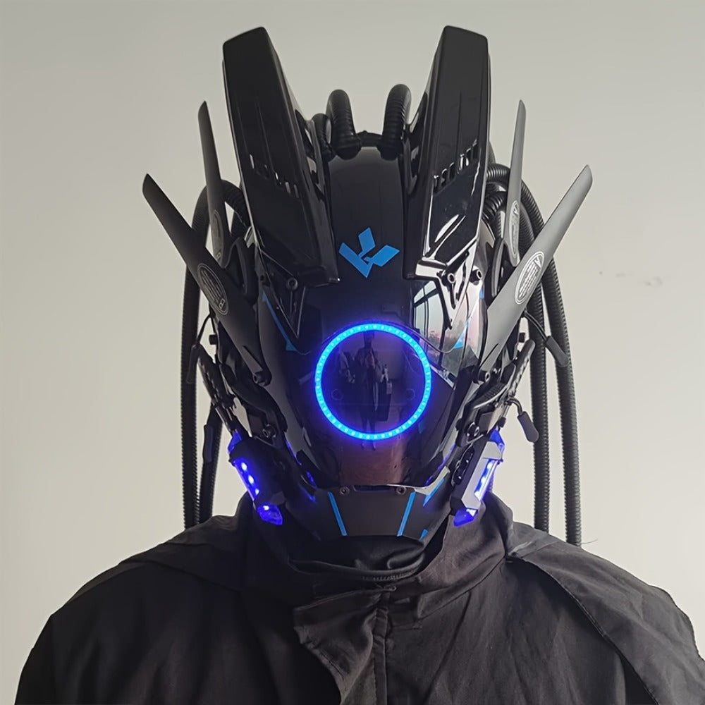 LED Cyberpunk Samurai Mask with Braids, Futuristic Sci-Fi Mechanical Face Mask for Halloween, Cosplay