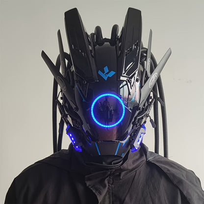 LED Cyberpunk Samurai Mask with Braids, Futuristic Sci-Fi Mechanical Face Mask for Halloween, Cosplay