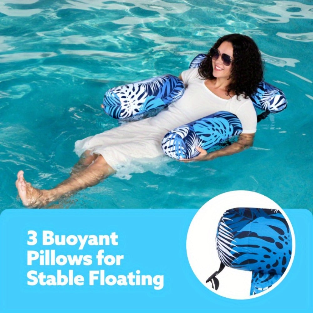Leaf-Print Inflatable Pool Float Chair with Mesh Sling Seat in Blue, Blue-Green or Red-Cyan Checkout Options