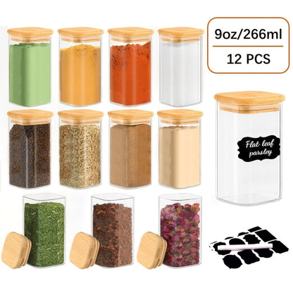 Spice Glass Jars Set with Labels 12pcs, Square Glass Spice Jars with Bamboo Lids, Sticker Labels, 5oz 7oz 9oz Food Storage Containers