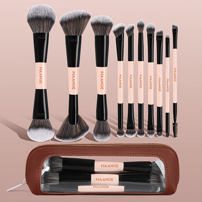 Makeup Brush Set, 10-Piece Double-Ended Nylon Bristle Collection with Cosmetic Bag and Three Color Options