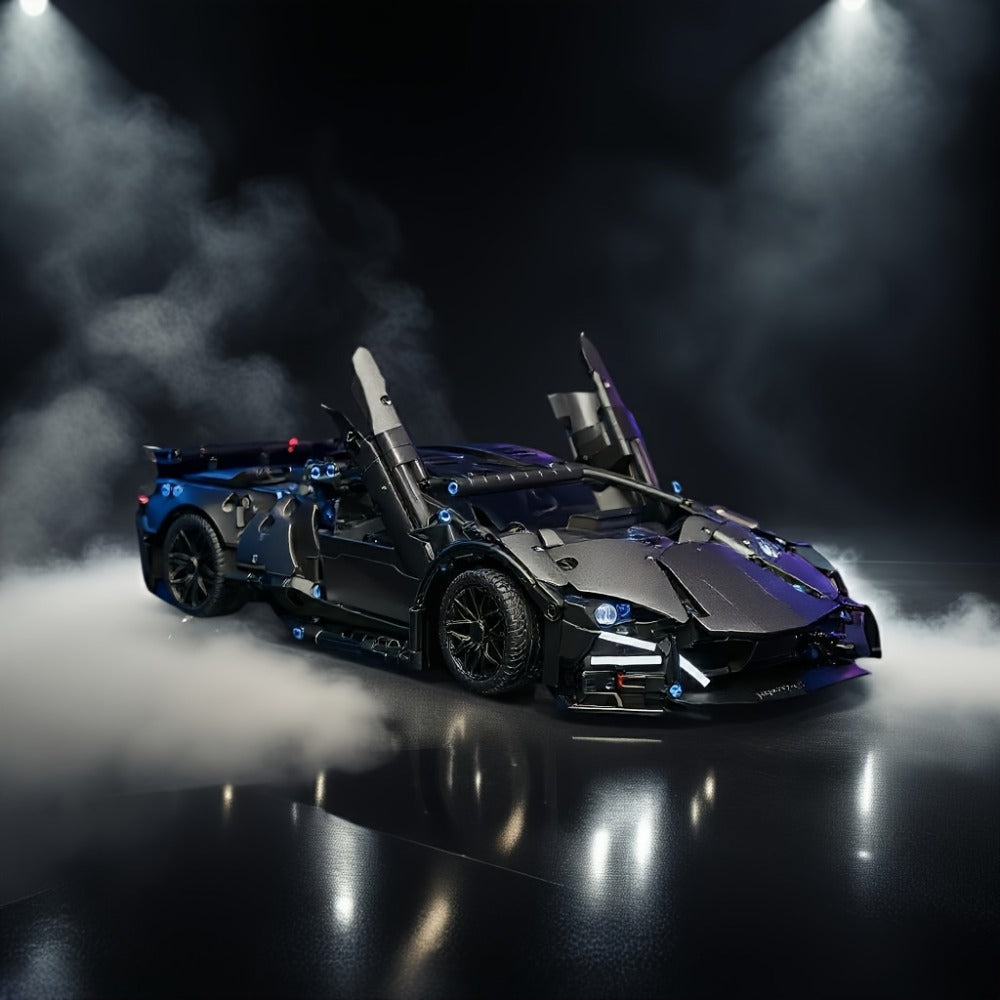 Black Supercar Building Blocks Set 1288 Pcs Limited Edition – Openable Hood Trunk Functional LED Headlights Realistic Engine Advanced