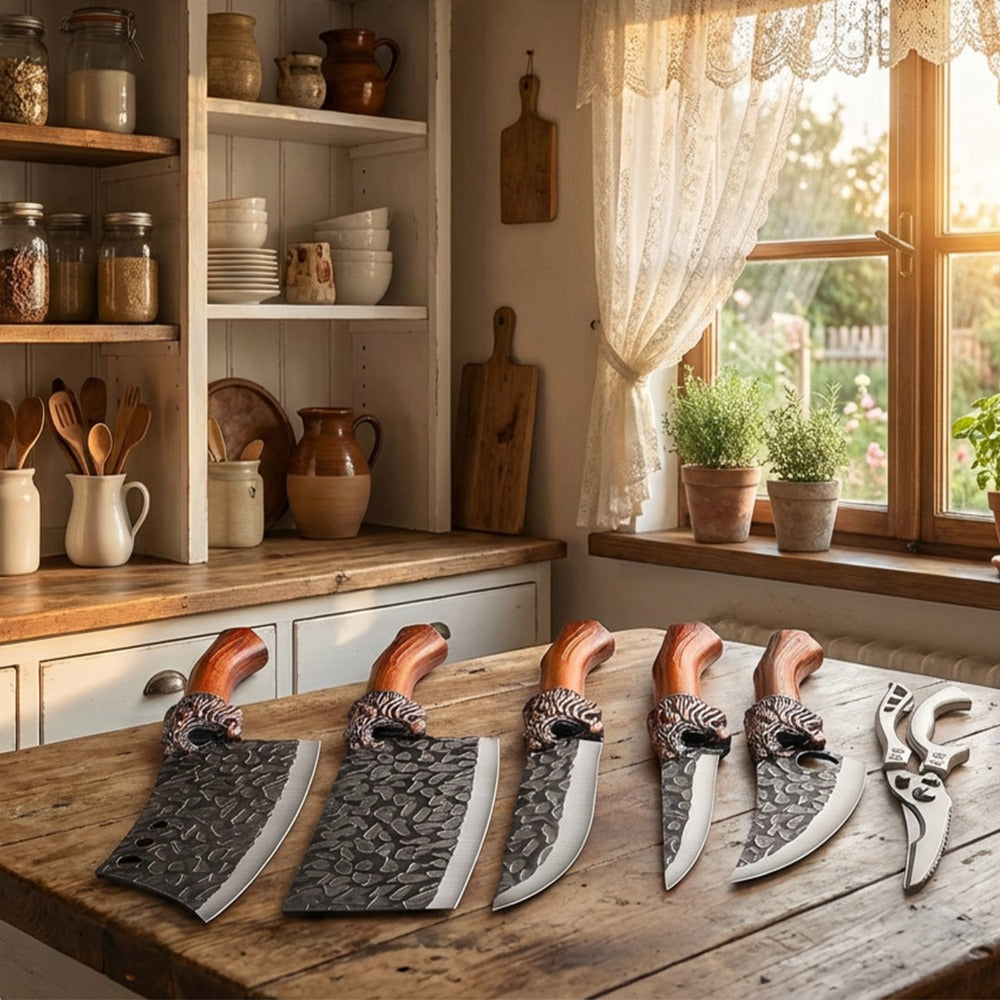 Kitchen Knife Set 4- or 7-Piece Forged Stainless Steel with Boning, Slicing, Butcher Knives, Shears and Rack Options