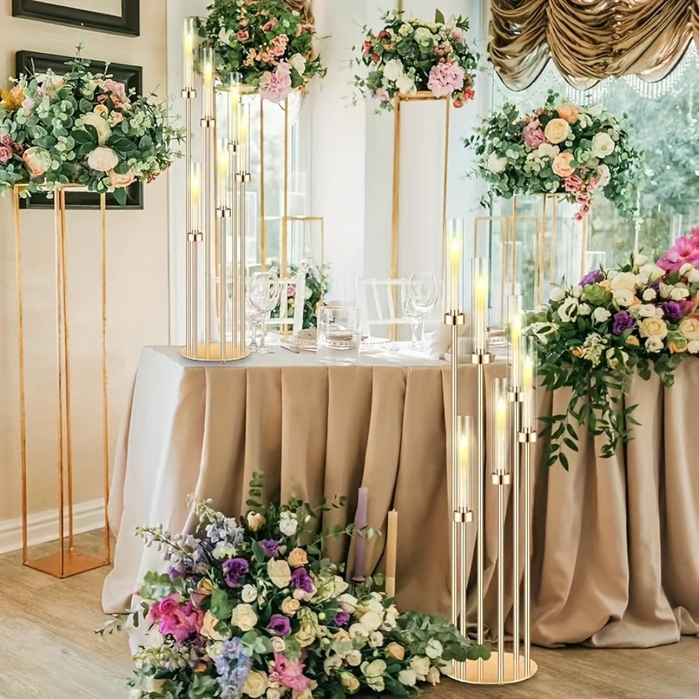 Floor Candelabra 6-Arm 46 Inch Gold Metal Candlestick Set with 12pcs LED Candles & Acrylic Shades