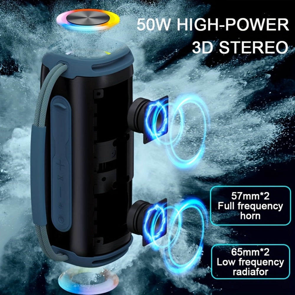 Portable Cylindrical Speaker in Black, Blue or Green with Carry Handle, Dual Light Bars and End-Ring Lighting