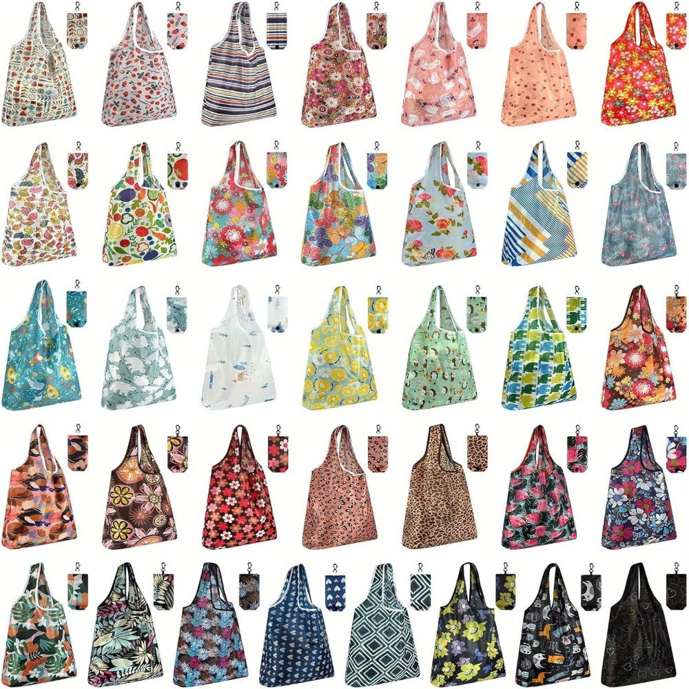 Reusable Grocery Bags Foldable Nylon Tote Bags Waterproof Washable Eco-Friendly Shopping Bag Set with Cute Floral Stripe Polka Dot Leopard
