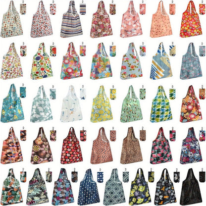 Reusable Grocery Bags Foldable Nylon Tote Bags Waterproof Washable Eco-Friendly Shopping Bag Set with Cute Floral Stripe Polka Dot Leopard