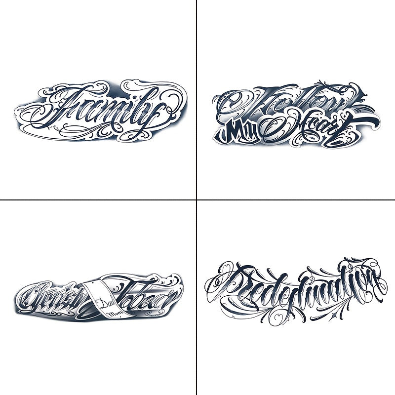 Temporary Tattoos, 4-Sheet English Word and Letter Set with Black Script Designs for Arm and Body Placement
