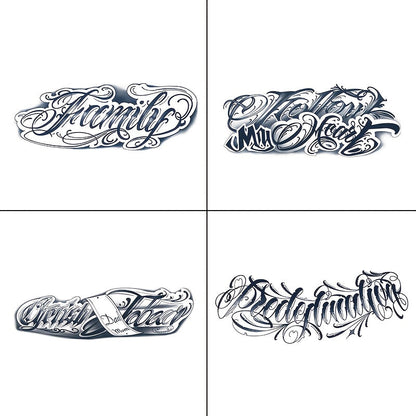 Temporary Tattoos, 4-Sheet English Word and Letter Set with Black Script Designs for Arm and Body Placement