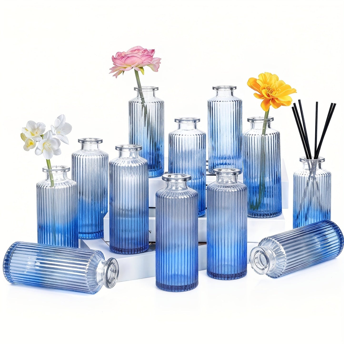 Mini Bud Vases Set – Modern Striped Clear Glass Flower Vases for Wedding Centerpieces, Birthday Party, Anniversary, Home Table Decor