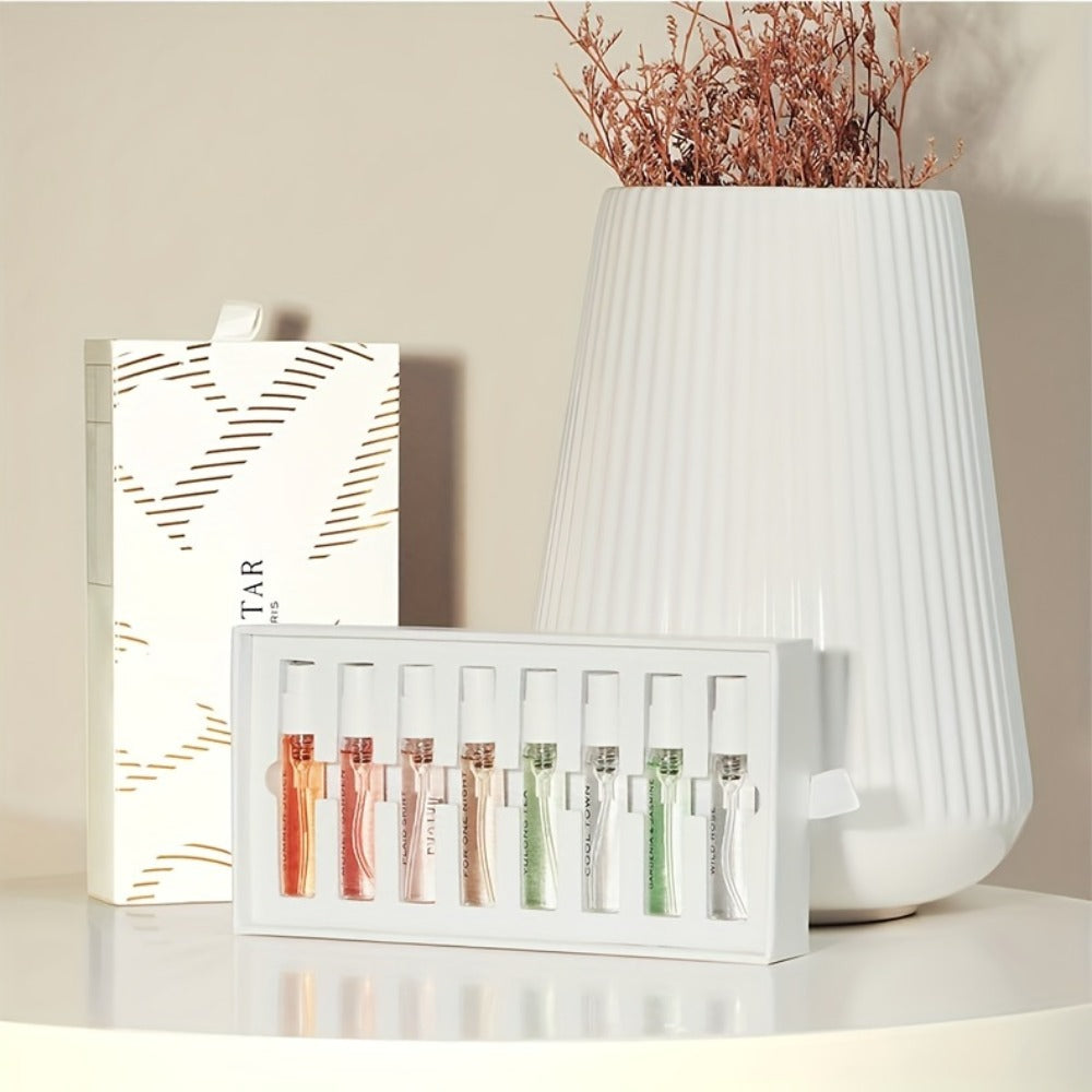 Mini Perfume Set for Women 8 Piece Gift Box Woody Floral Fruity Fragrance Sampler Kit Long Lasting TSA Compliant Travel Friendly 0.81oz Each
