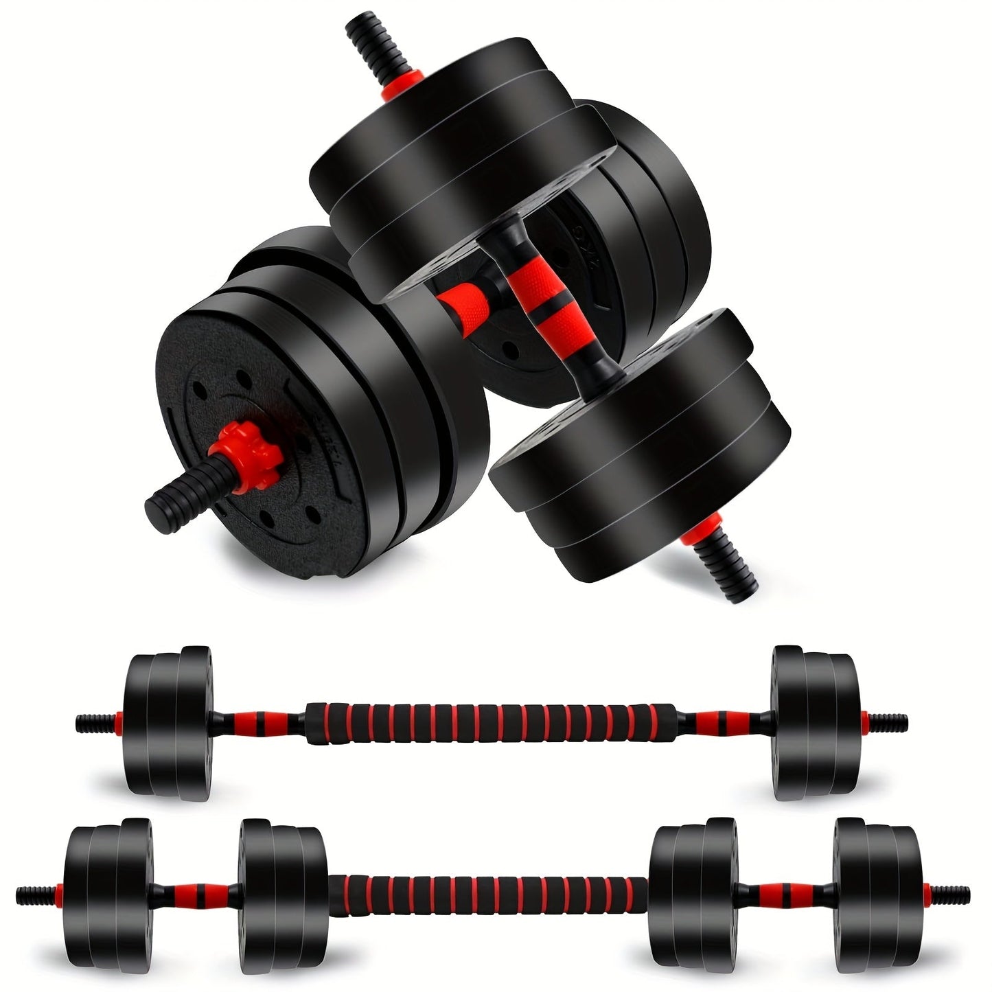 44-Pound Adjustable Dumbbell and Barbell Set with Black Round Plates, Connecting Rod and Double Lock Nuts