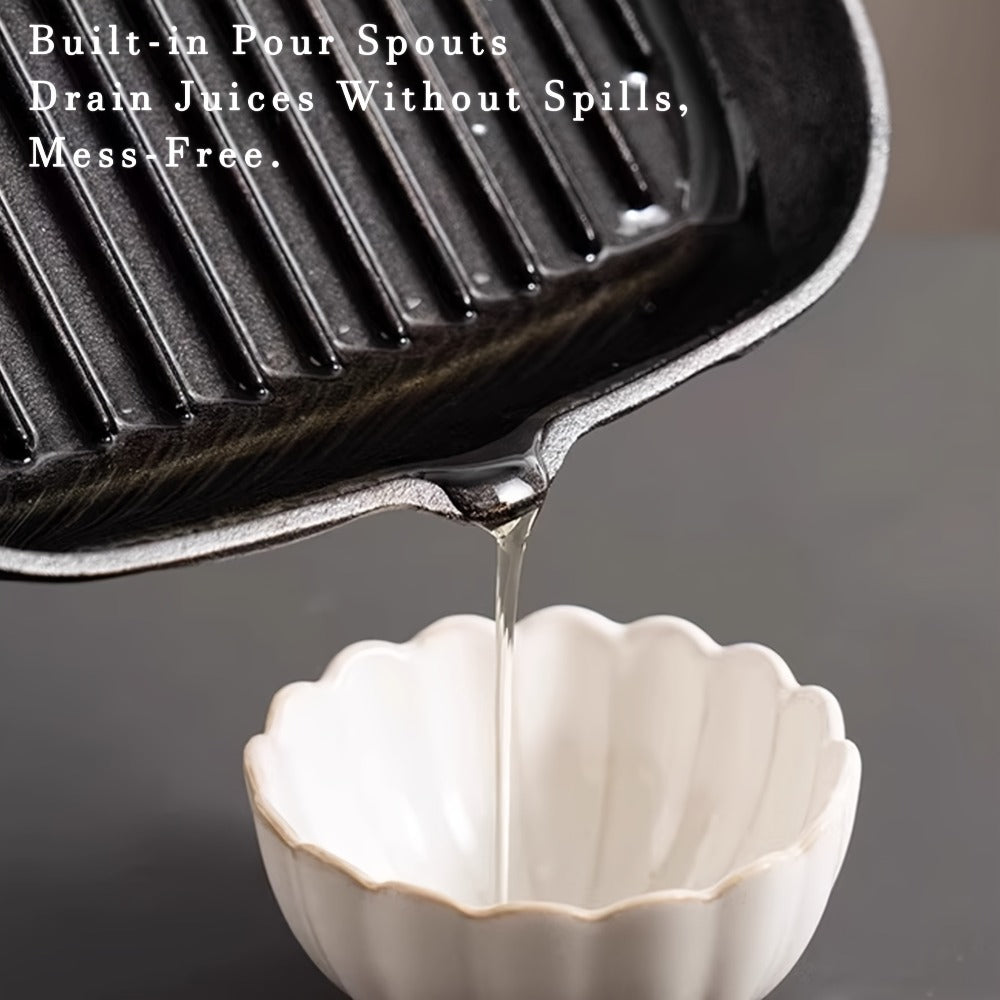 Cast Iron Grill Pan with Non-Stick Surface & Striped Design, Thick Wooden Handle Skillet for Steak