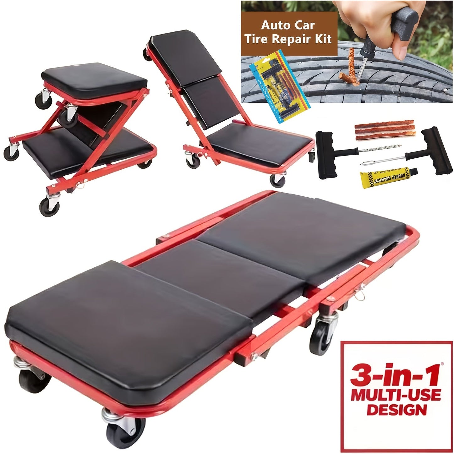 Mechanic Creeper 36-Inch Z-Crawl Folding – Adjustable Load Board, 6-Wheel 2.5" Rolling Garage Repair Seat