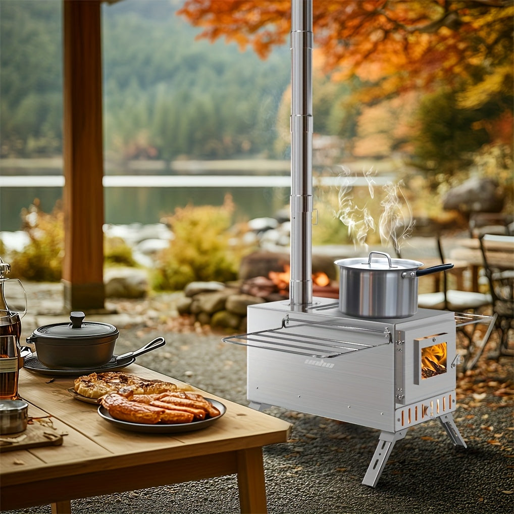 Wood Burning Stove Portable Camping Tent Stove with 7 Detachable Chimney Pipes, Stainless Steel, Adjustable Height