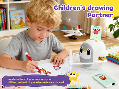 Drawing Robot for Kids Penguin, 200 Learning Cards & 12 Color Pens, STEM Art Educational Toy, Screen-Free Interactive Drawing Game