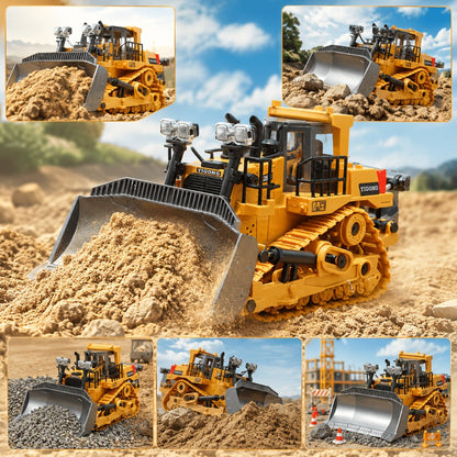 RC Bulldozer 9-Channel 2.4GHz Remote Control, Multifunctional Engineering Vehicle Toy with Alloy Metal Cover